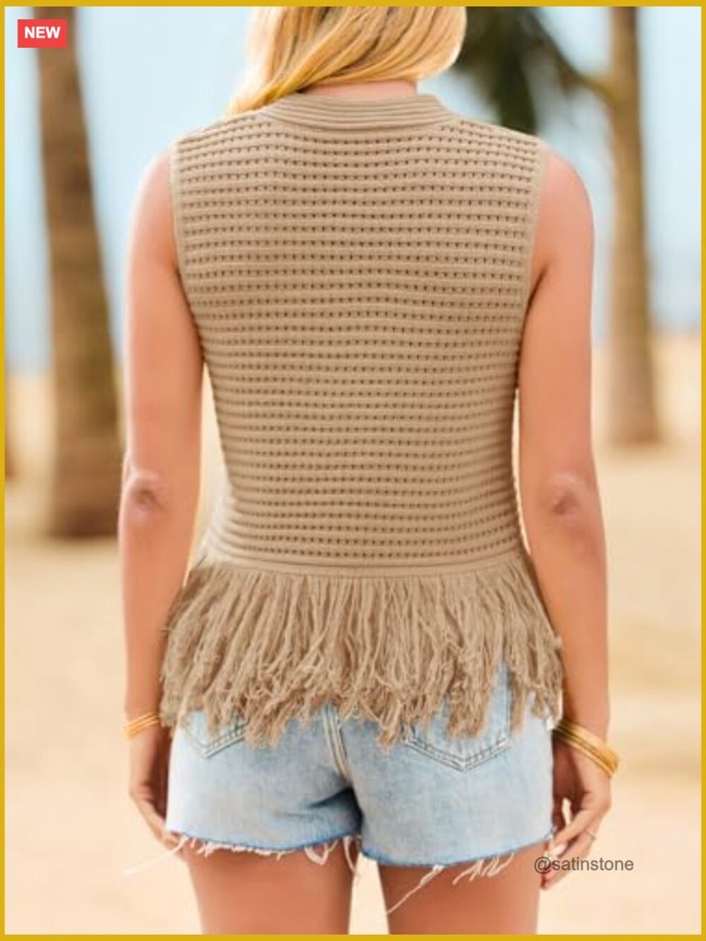 Crochet Crop Tank Top Sleeveless Fringe Crew Neck Boho Knit Sweater Vest Summer - Picture 5 of 7